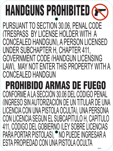 Sign, Handguns Prohibited, Texas, 24 x 18